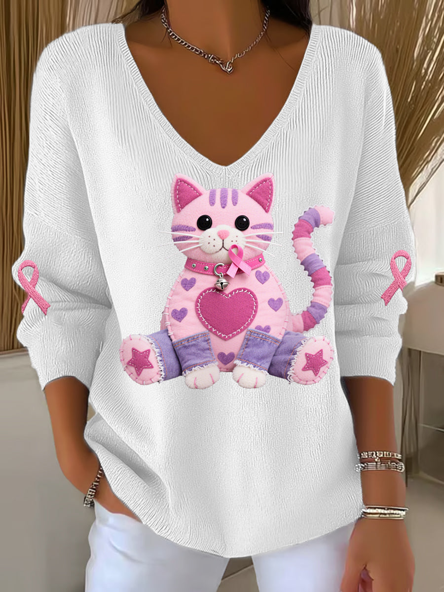 Women's Pink Cat Pink Ribbon Breast Cancer Awareness Support Long-Sleeve Top