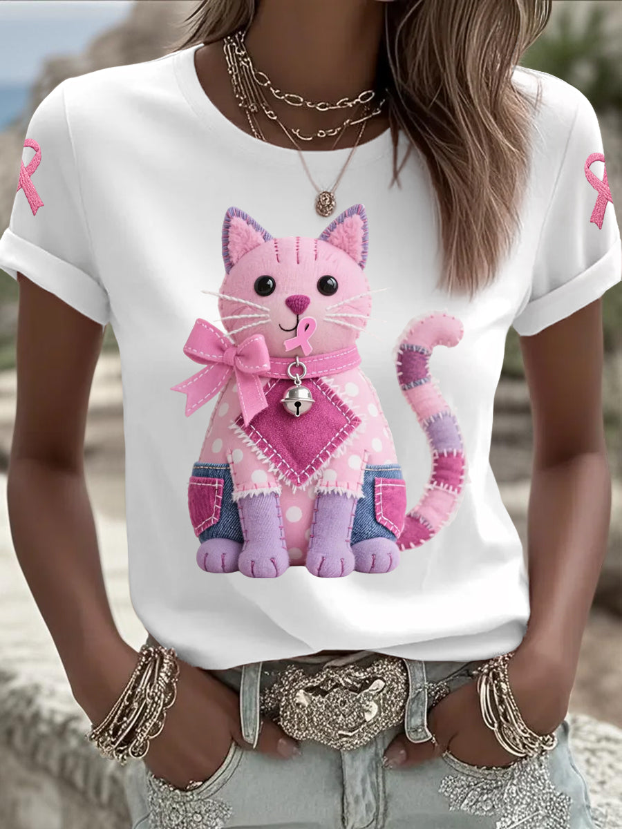 Women's Pink Cat Pink Ribbon Breast Cancer Awareness Support Tee