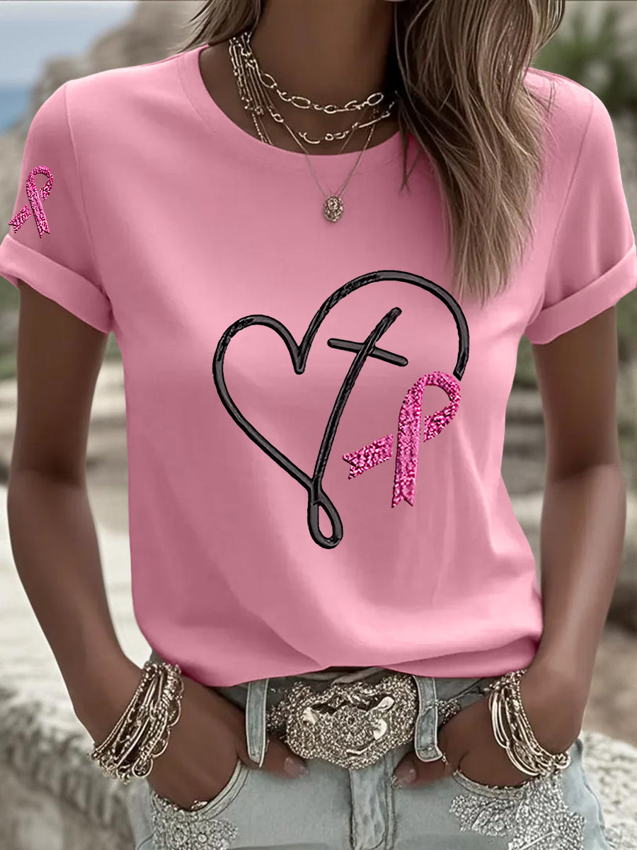 Women's Breast Cancer  Awareness Pink Ribbon Print  T-shirt