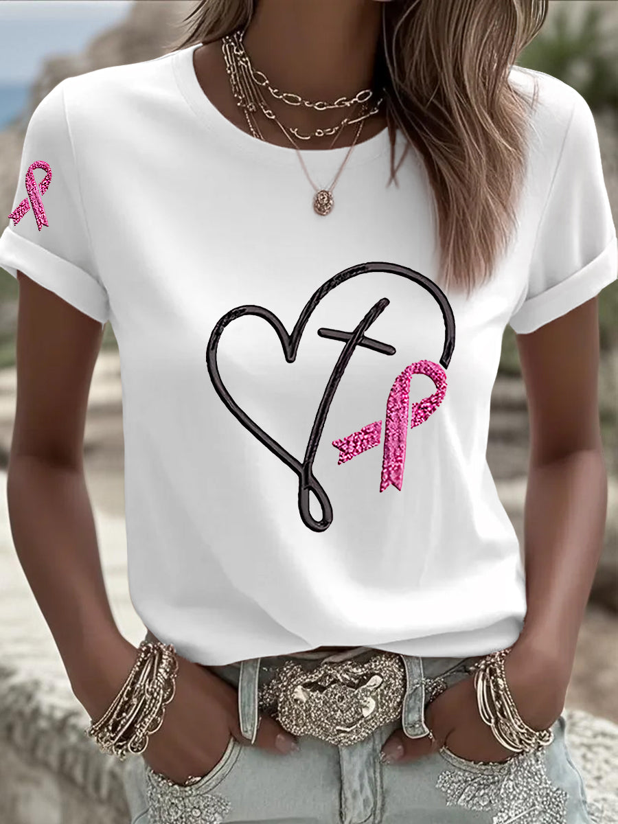 Women's Breast Cancer  Awareness Pink Ribbon Print  T-shirt