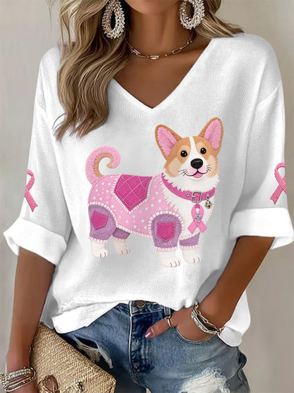 Women's Pink Dog Pink Ribbon Breast Cancer Awareness Support Long-Sleeve T-shirt