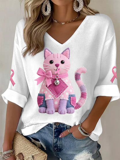 Women's Pink Cat Pink Ribbon Breast Cancer Awareness Support Long-Sleeve T-shirt