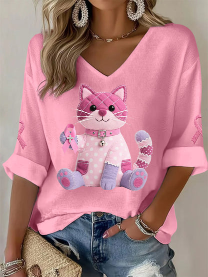 Women's Pink Cat Pink Ribbon Breast Cancer Awareness Support Long-Sleeve T-shirt