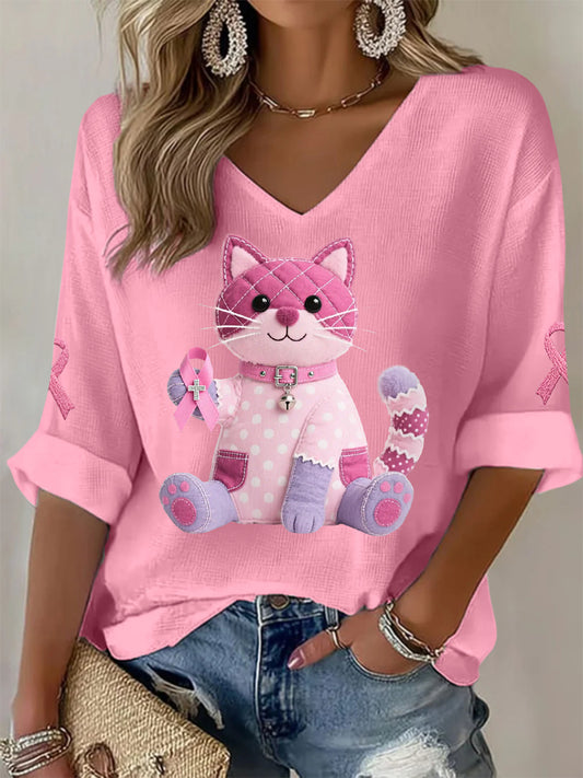 Women's Pink Cat Pink Ribbon Breast Cancer Awareness Support Long-Sleeve T-shirt