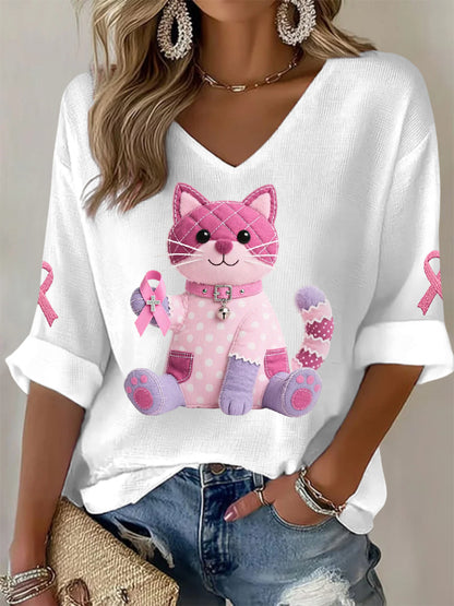 Women's Pink Cat Pink Ribbon Breast Cancer Awareness Support Long-Sleeve T-shirt