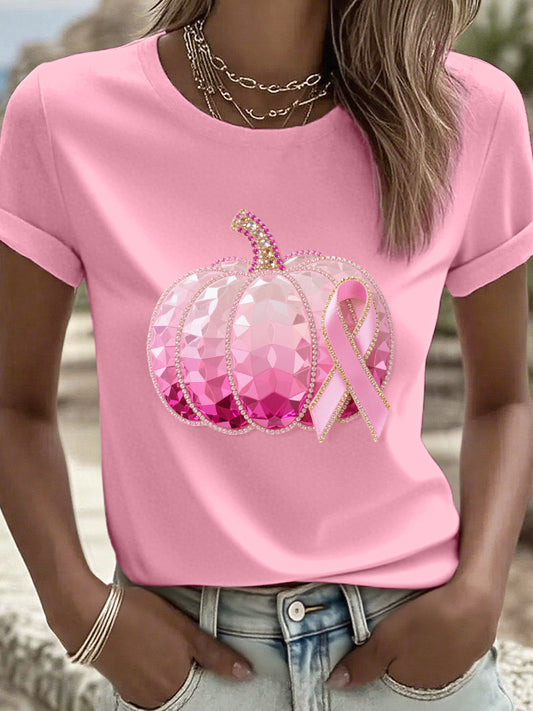 Women's Pink Pumpkin and Ribbon Rhinestone Art T-Shirt