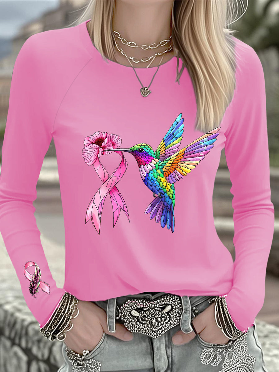 Women's Breast Cancer Hummingbird Pink Ribbon Long-sleeved T-shirt
