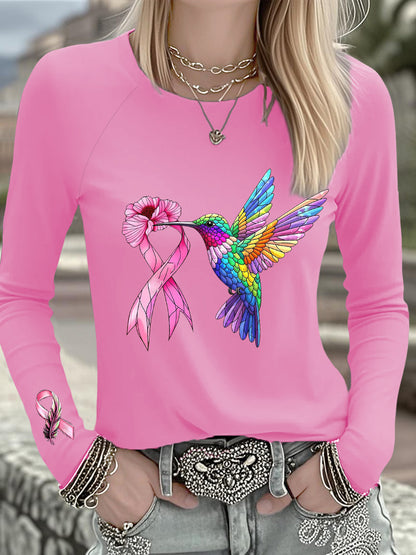 Women's Breast Cancer Hummingbird Pink Ribbon Long-sleeved T-shirt