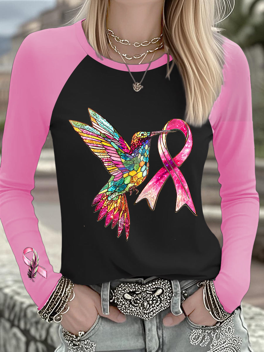 Women's Breast Cancer Hummingbird Pink Ribbon Long-sleeved T-shirt