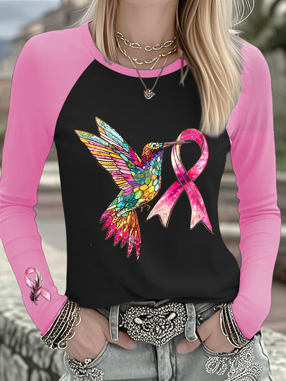 Women's Breast Cancer Hummingbird Pink Ribbon Long-sleeved T-shirt