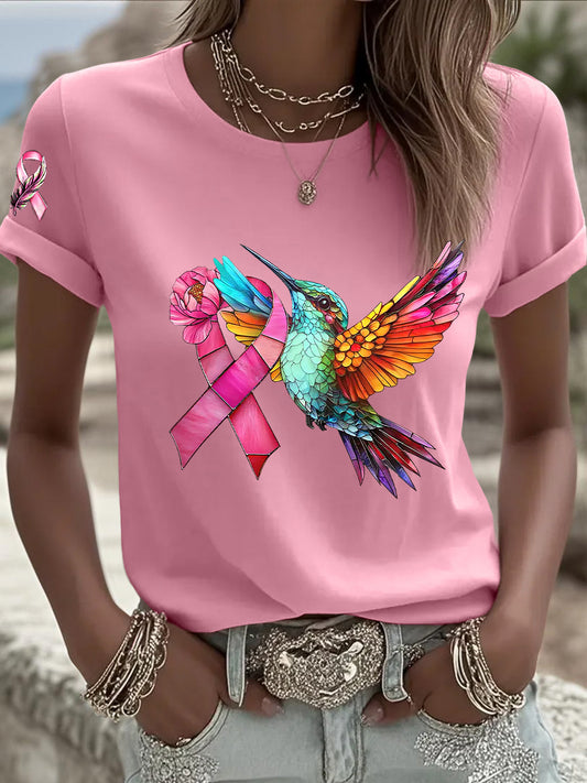 Women's Breast Cancer Hummingbird Pink Ribbon Short Sleeve T-shirt
