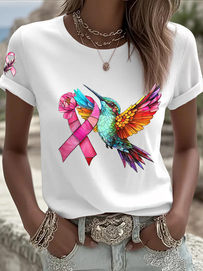 Women's Breast Cancer Hummingbird Pink Ribbon Short Sleeve T-shirt