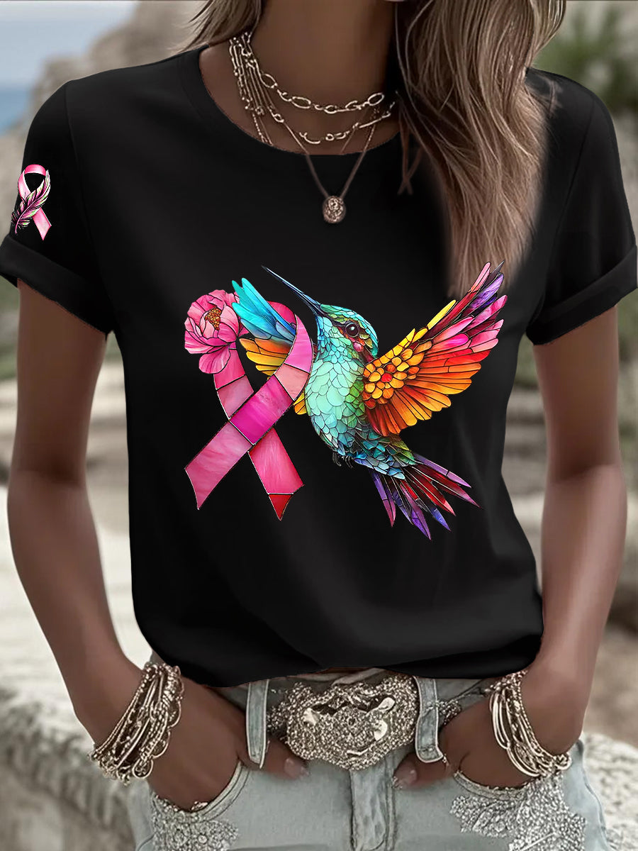 Women's Breast Cancer Hummingbird Pink Ribbon Short Sleeve T-shirt