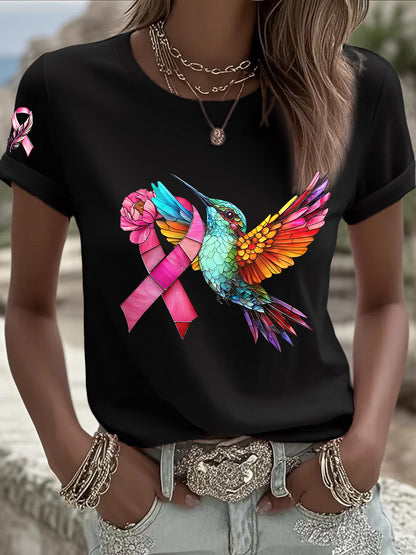 Women's Breast Cancer Hummingbird Pink Ribbon Short Sleeve T-shirt