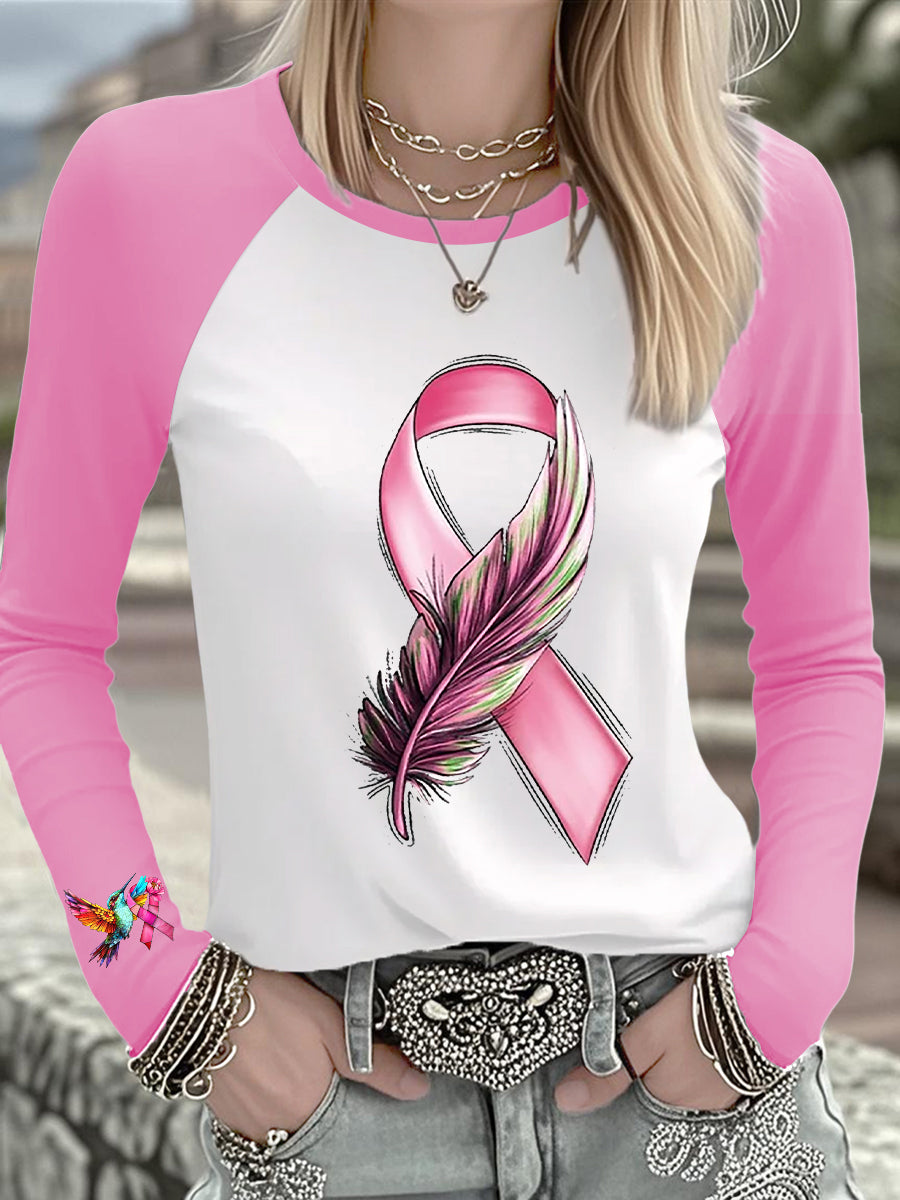 Women's Breast Cancer Hummingbird Pink Ribbon Long-sleeved T-shirt
