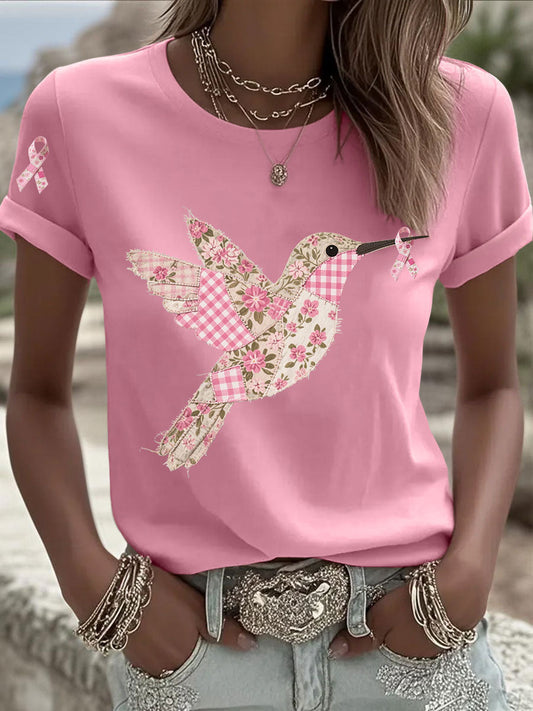 Women's Pink Hummingbird Print T-shirt
