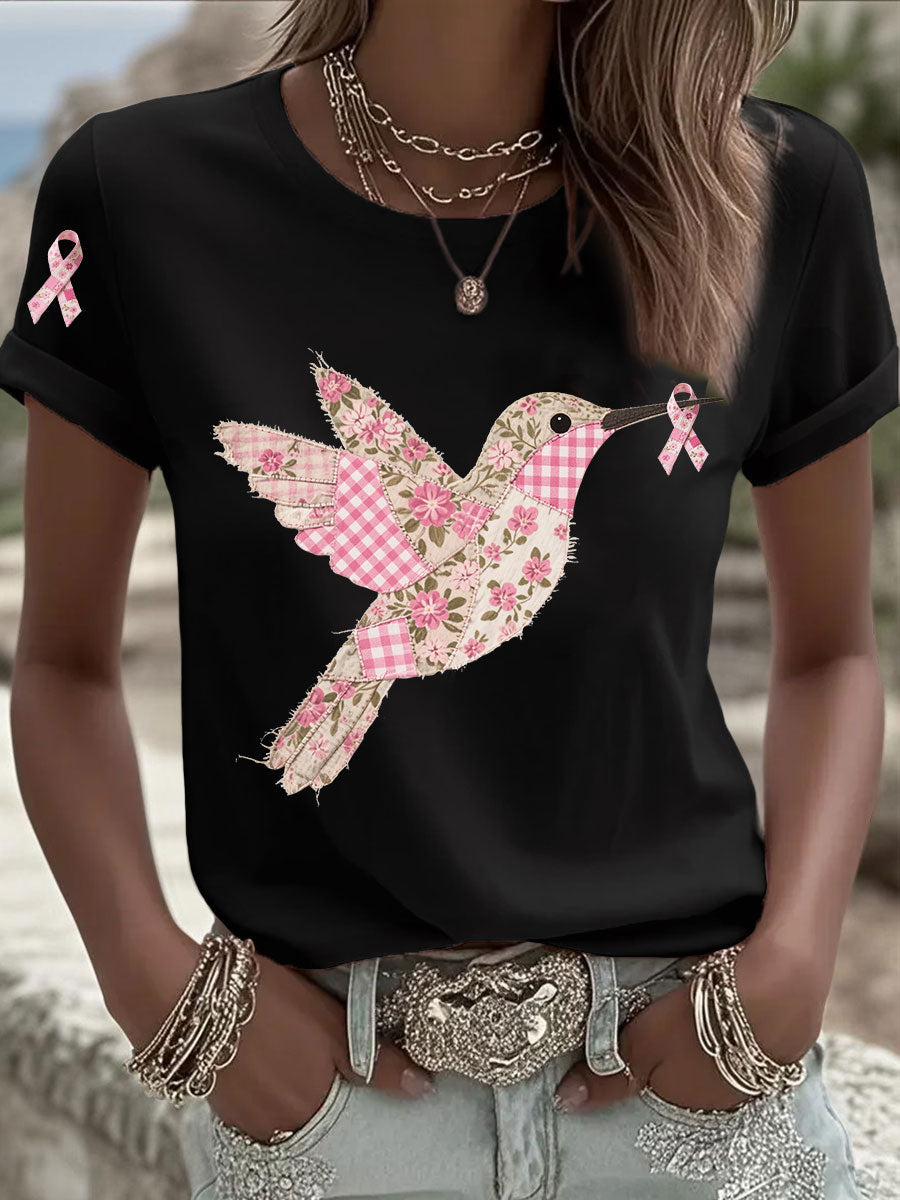 Women's Pink Hummingbird Print T-shirt