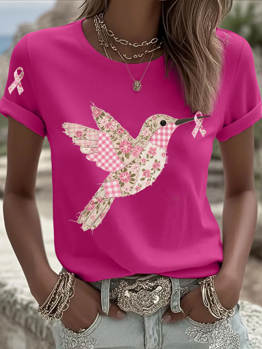 Women's Pink Hummingbird Print T-shirt