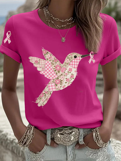 Women's Pink Hummingbird Print T-shirt