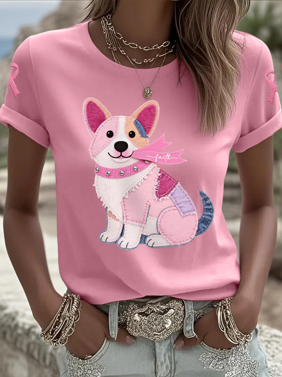 Women's Pink Dog Pink Ribbon Breast Cancer Awareness Support Tee