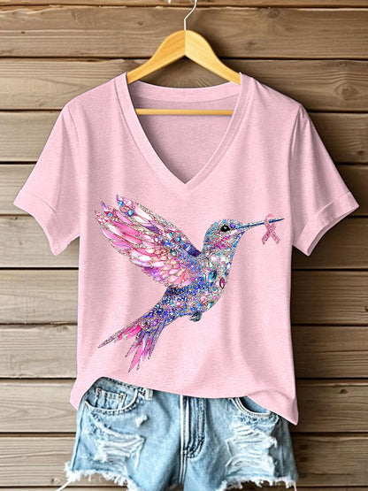 Women's Pink Hummingbird Print T-shirt