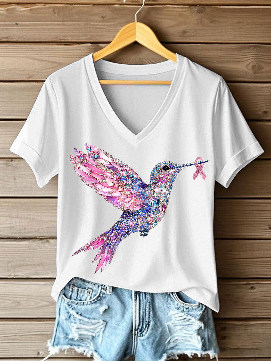 Women's Pink Hummingbird Print T-shirt