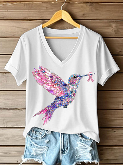 Women's Pink Hummingbird Print T-shirt