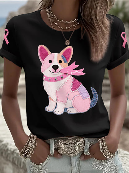 Women's Pink Dog Pink Ribbon Breast Cancer Awareness Support Tee