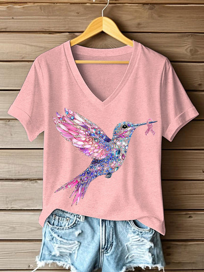 Women's Pink Hummingbird Print T-shirt