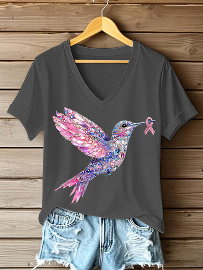 Women's Pink Hummingbird Print T-shirt