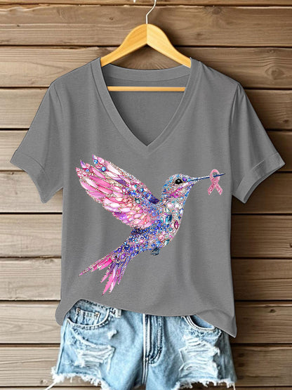 Women's Pink Hummingbird Print T-shirt