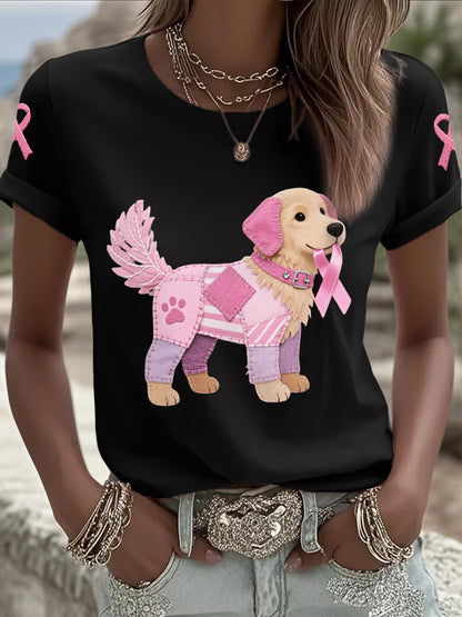 Women's Pink Dog Pink Ribbon Breast Cancer Awareness Support Tee