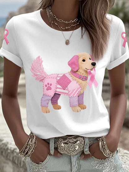 Women's Pink Dog Pink Ribbon Breast Cancer Awareness Support Tee