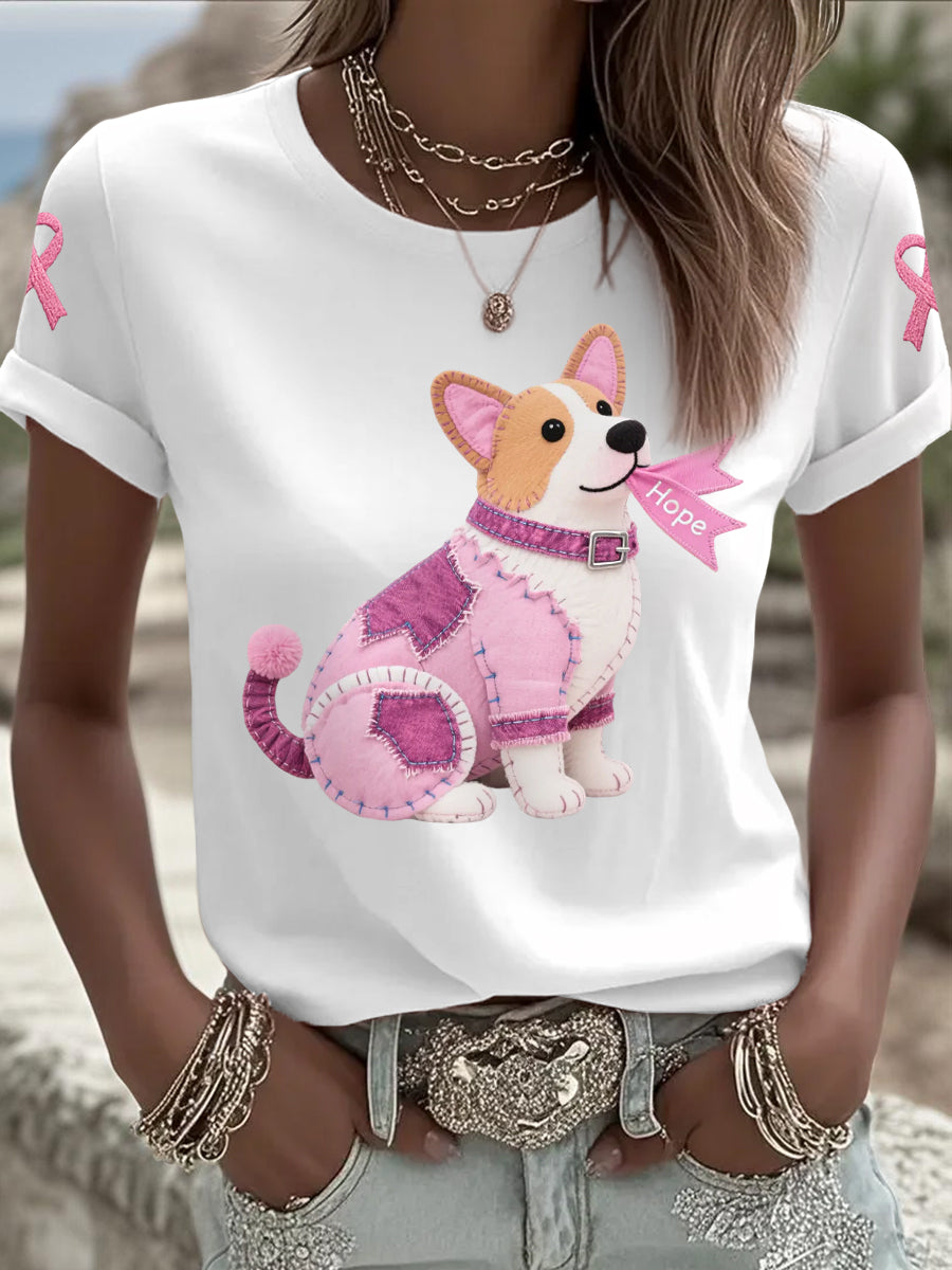 Women's Pink Dog Pink Ribbon Breast Cancer Awareness Support Tee