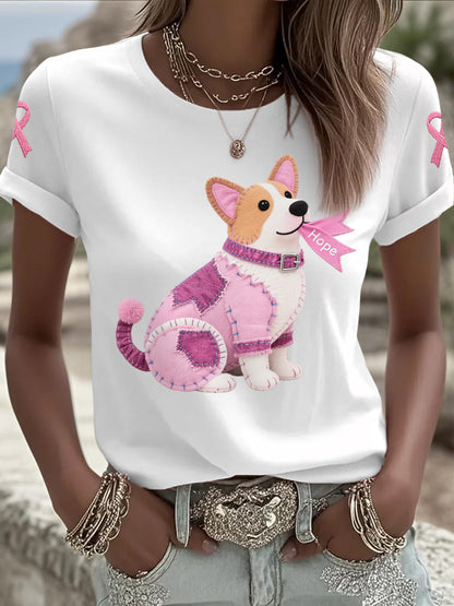 Women's Pink Dog Pink Ribbon Breast Cancer Awareness Support Tee