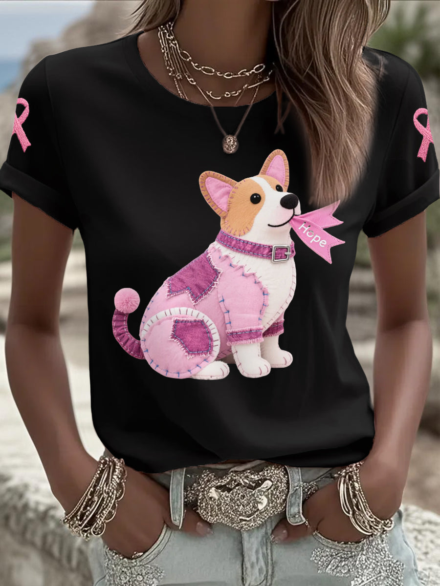 Women's Pink Dog Pink Ribbon Breast Cancer Awareness Support Tee
