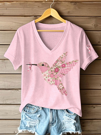 Women's Pink Hummingbird Print T-shirt