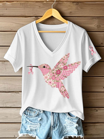 Women's Pink Hummingbird Print T-shirt