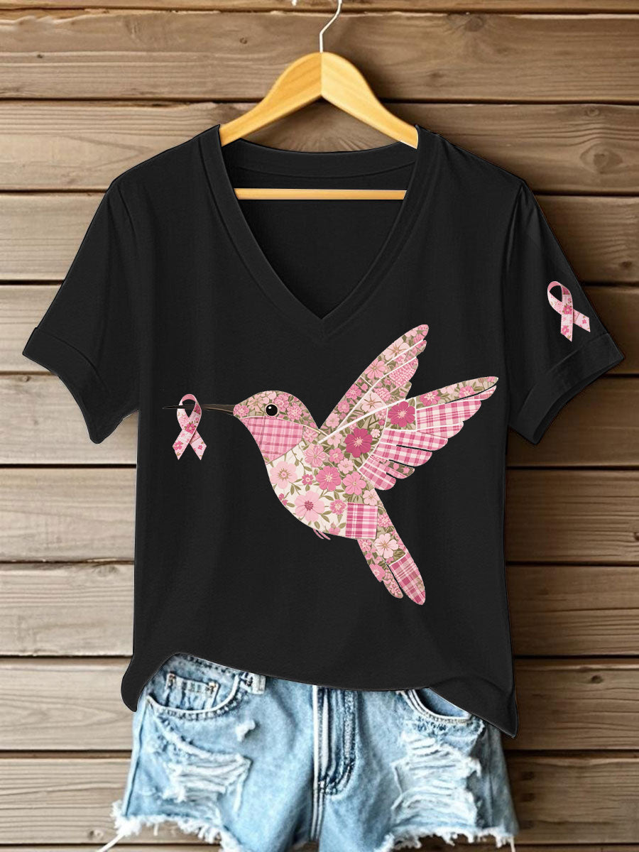 Women's Pink Hummingbird Print T-shirt
