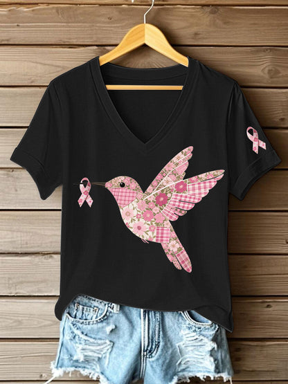 Women's Pink Hummingbird Print T-shirt