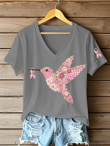 Women's Pink Hummingbird Print T-shirt