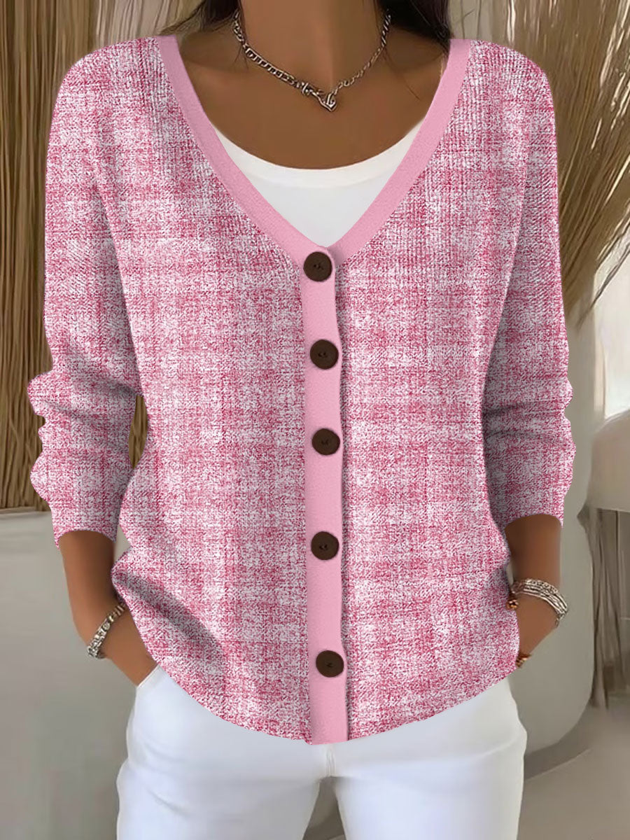 Women's Pink Plaid Print Casual Cardigan