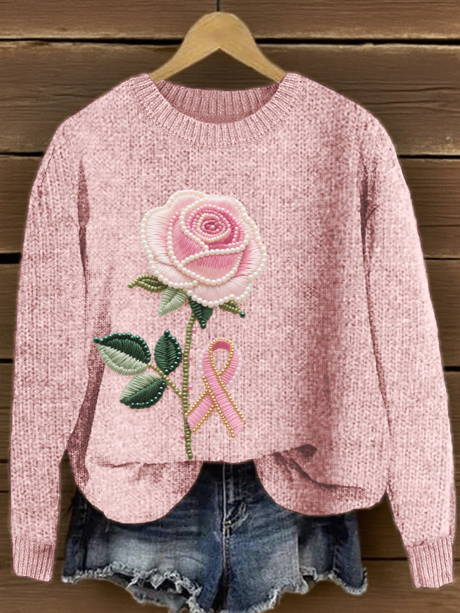Women's Pink Rose Embroidered Knit Sweater
