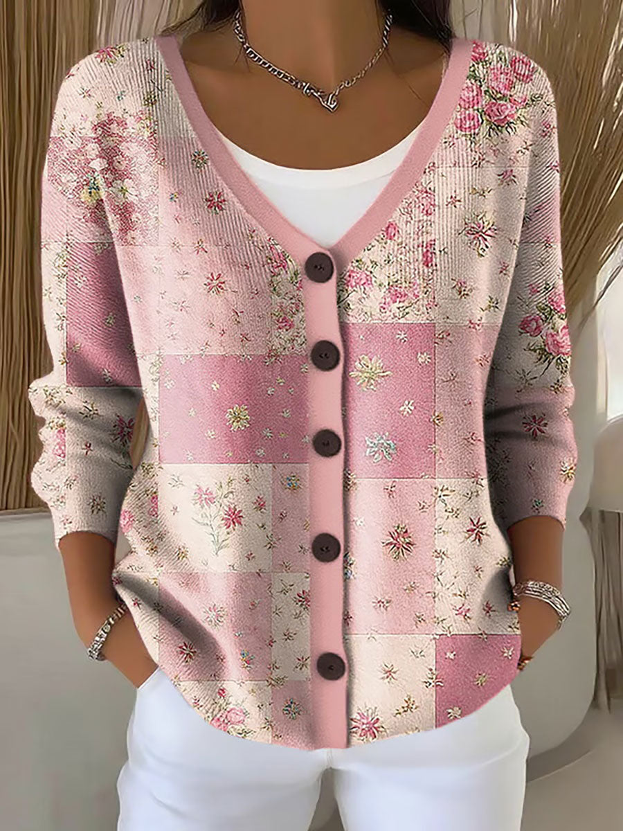 Women's Pink Floral Print Casual Cardigan