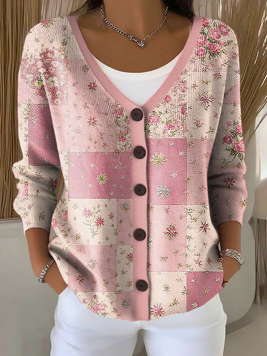 Women's Pink Floral Print Casual Cardigan