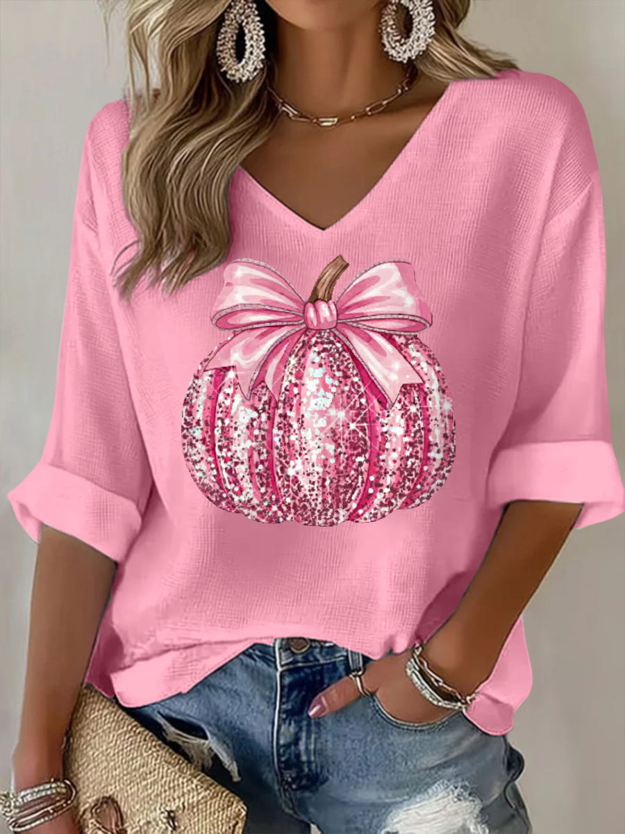 Women's Pink Pumpkin Print Breast Cancer Awareness Support V-Neck Long Sleeve Top