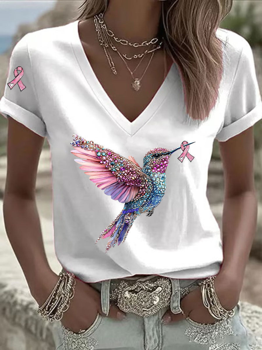 Women's Pink Ribbon Print Casual V-Neck T-Shirt