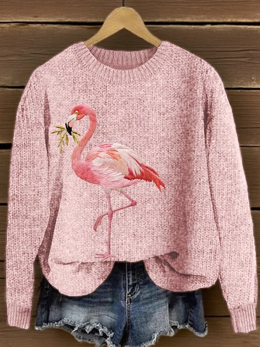 Women's Pink Flamingo Embroidered Knit Sweater