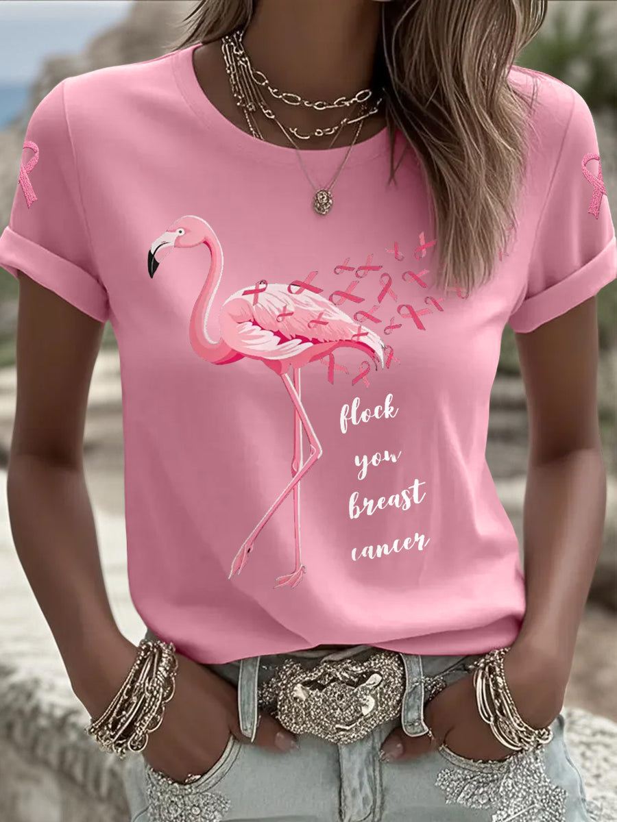 Women's Flock You Breast Cancer Pink Flamingo Print Breast Cancer Awareness Support Tee