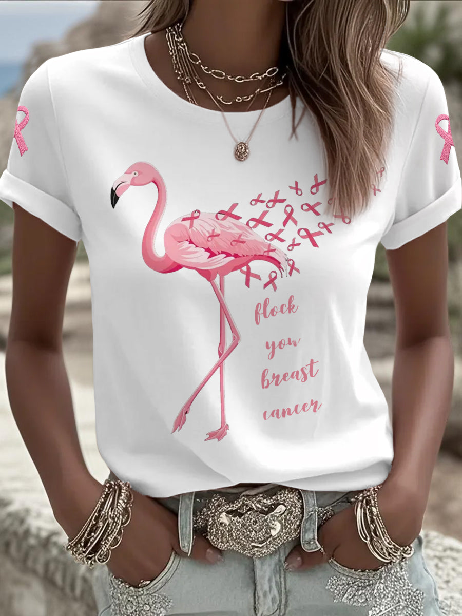 Women's Flock You Breast Cancer Pink Flamingo Print Breast Cancer Awareness Support Tee